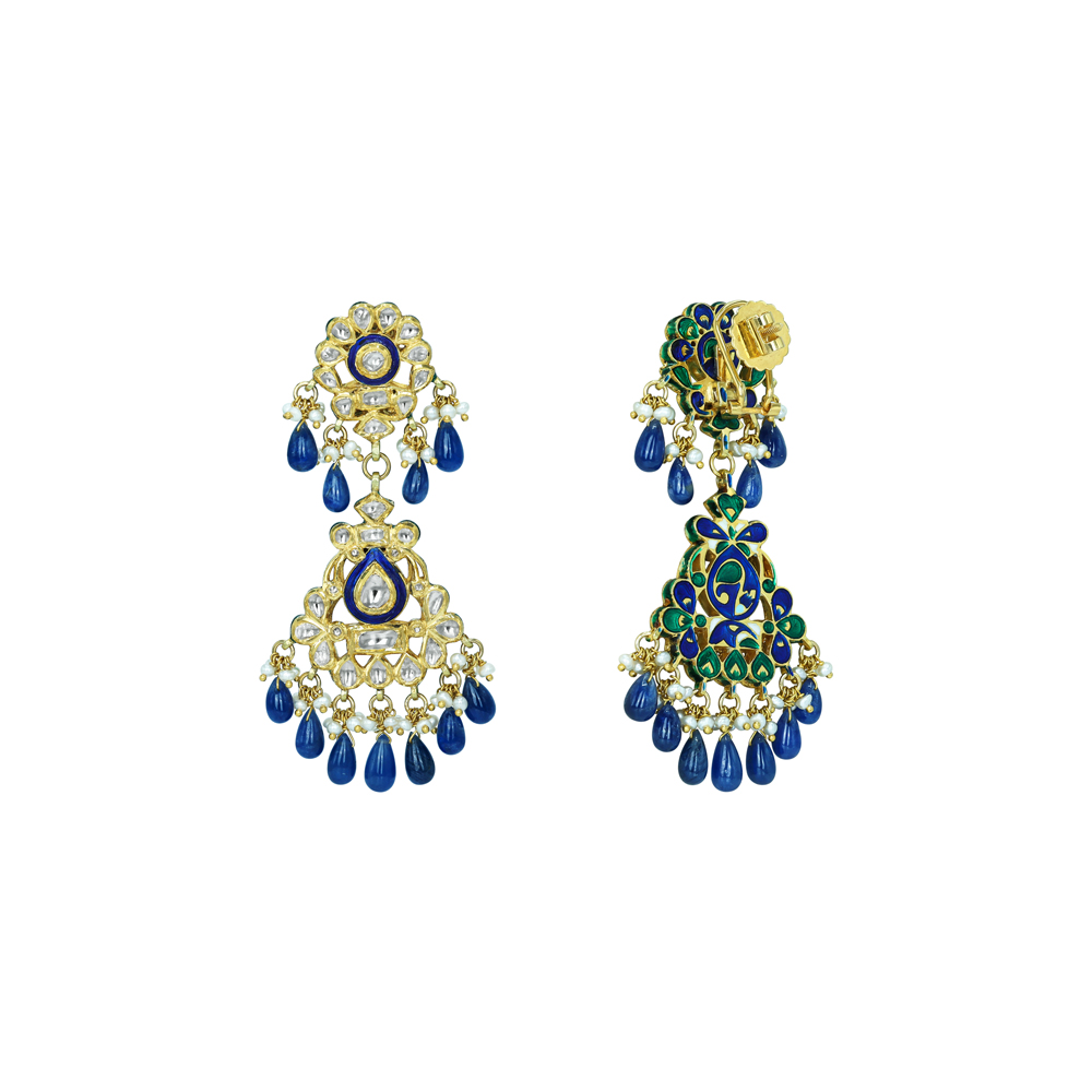 Polki Earrings with Blue Enamel and Ruby Bead Drops